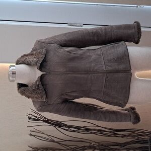 Leather Suede Coat with Faux Fur Trim